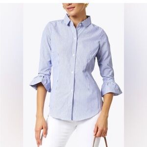 Gretchen Scott blue striped button shirt ruffle 3/4 sleeves Size XL